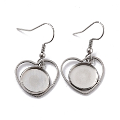 Stainless Steel Color 201 Stainless Steel Earring Hooks, with Heart Blank Pendant Trays, Flat Round Setting for Cabochon, Stainless Steel Color, 36mm, 22 Gauge, Pin: 0.6mm