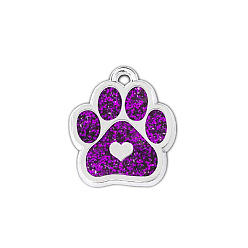 Purple Enamel Pendants, with Platinum Plated Alloy Findings and Glitter Powder, Dog Paw Prints with Heart, Purple, 18.8x16.5x2.2mm, Hole: 1.5mm