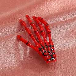 Crimson Acrylic Alligator Hair Clips, Gothic Halloween Skeleton Hand Hair Accessories for Women, with Iron Findings, Crimson, 70x40mm