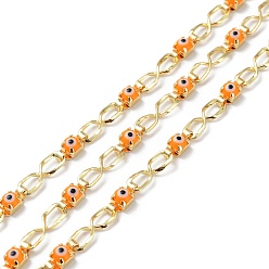 Real 18K Gold Plated Handmade Glass Evil Eye Link Chains, with Brass Findings, Unwelded, with Spool, Real 18K Gold Plated, 4x14x1mm