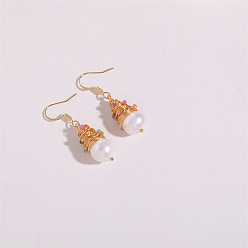 ES0257-14K Real Gold Handmade Baroque French Style Natural Stone Hook Earrings with Freshwater Pearls for Women