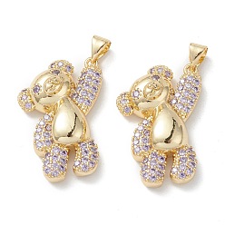 Lilac Brass Micro Pave Cubic Zirconia Pendants, Real 16K Gold Plated, Bear Charms, Lilac, 26.5x18x7mm, Hole: 5x3mm.