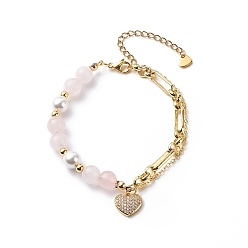 Golden Cubic Zirconia Heart Charm Bracelet Brass Chains, Natural Rose Quartz & Shell Pearl Beaded Bracelet for Women, Golden, 7-5/8 inch(19.5cm)