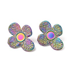 Rainbow Color Ion Plating(IP) 304 Stainless Steel Stud Earrings Findings, Cabochon Settings, Flower, Rainbow Color, 33x26.5mm, Tray: 8mm, Pin: 0.8mm