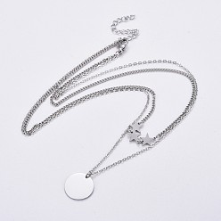 Stainless Steel Color 304 Stainless Steel Double Layer Necklaces, with Lobster Claw Clasps, Flat Round with Star, Stainless Steel Color, 16.2 inch(41.3cm), 1~2mm