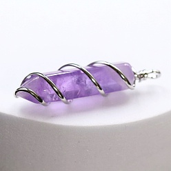 Amethyst Natural Amethyst Copper Wire Wrapped Pointed Pendants, Faceted Bullet Charms, Platinum, 45x10mm