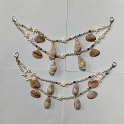 Морская Ракушка 2шт 2 стили, кисточка из натуральных смешанных ракушек, синтетическая бирюза, акрил и АБС-пластик, имитация жемчуга, двухслойная сумка, декоративные цепочки, Сплав с застежками когтя омара, платина, цвет морской раковины, 309 мм, 1 шт / стиль