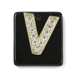 Letter V Природные подвески обсидиана, прямоугольные подвески с латунной микропаве прозрачной кубической циркониевой буквой, реальный 18 k позолоченный, долговечный, стойки покрытие, Буква V, 21x18x5 мм, отверстие : 1.4 мм