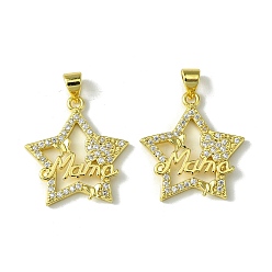 Звезда Подвески из настоящей 18k-позолоченной латуни с микро-паве ко Дню матери, прозрачные подвески с кубическим цирконием, без кадмия, без никеля и без свинца, слово мама, звезда, 23x21x2.5 мм, отверстие : 5x3.5 мм