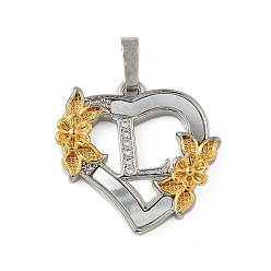 Letter L Латунь микропаве фианиты с подвесками-ракушками, Сердце и письмо, долговечный, без свинца и без кадмия, стойки покрытие, Письмо L, 20x20.5x3 мм, отверстие : 3.5x5 мм