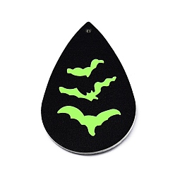 Bat Halloween Theme Imitation Leather Pendants, Teardrop, Lime, Bat Pattern, 56.5x37x2mm, Hole: 1.6mm