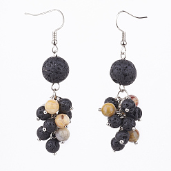 Lava Rock Natural Lava Rock & Crazy Agate Dangle Earrings, Cluster Earrings, with Brass Findings, Platinum, Round, 66mm, Pin: 0.6mm