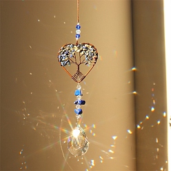 Lapis Lazuli Natural Lapis Lazuli Chip Wrapped Heart with Tree of Life Hanging Ornaments, Glass Teardrop Tassel Suncatchers for Home Outdoor Decoration, 180mm