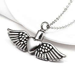 Antique Silver Wing with Heart Locket Pet Memorial Necklace, Titanium Steel Urn Ashes Pendant Necklace for Men Women, Antique Silver, 17.72 inch(45cm)