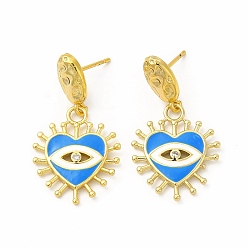Озёрно--синий Серьга-гвоздик из латуни с кубическим цирконием, эмалированное сердце с подвеской в виде глаза для женщин, реальный 18 k позолоченный, без свинца и без кадмия, Плут синий, 33 мм, штифты : 1 мм