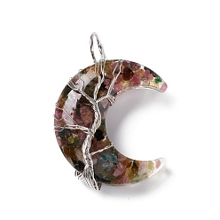 Tourmaline Natural Tourmaline Chips & Transparent Resin Big Pendants, Moon Charms, with Platinum Tone Brass Wire Wrapped, Cadmium Free & Lead Free, 52~53x36~37x14~16mm, Hole: 8mm