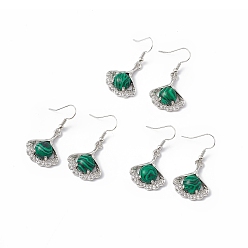 Малахит Серьги с подвесками из синтетического малахита и листьев гинкго с кристаллами и стразами, платиновые латунные украшения для женщин, 40 мм, штифты : 0.6 мм