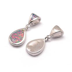 Platinum Brass Charms, with Synthetic Opal, teardrop, Light Coral, Platinum, 15.5x9x2.5mm, Hole: 3mm