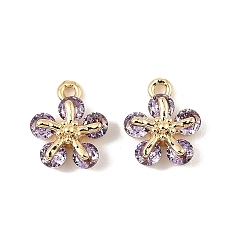 Лиловый Латунные микро проложить кубического циркония прелести, цветок, реальный 18 k позолоченный, сирень, 11x8x4.5 мм, отверстие : 1 мм