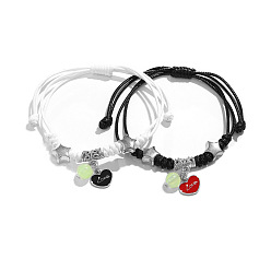 Heart 2Pcs 2 Color Alloy Enamel & Luminous Glow in the Dark Beads Charm Bracelets Set, Adjustable Couple Bracelets for Valentine's Day , Heart, 8-1/4~12-5/8 inch(21~32cm), 1Pc/color