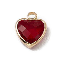 Siam Heart K9 Glass Charms, Faceted, with Light Gold Tone Brass Edge, Siam, 13.5x10.5x4.5mm, Hole: 2.2mm