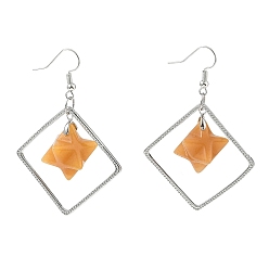 Желтый авантюрин Латунные серьги-подвески в форме ромба, с натуральным желтым авантюрином, долговечный, платина, 60x40 мм