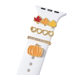 Golden Pumpkin & Leaf & Heart Autumn Alloy Rhinestones Watch Band Charms Set, with Enamel, Watch Band Decorative Ring Loops, Golden, Inner Diameter: 2.2x0.3cm, 4pcs/set