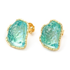 Medium Spring Green Rack Plating Brass Stud Earring, Iceberg Melting Shaped Glass Earrings for Women, Long-Lasting Plated, Cadmium Free & Lead Free, Real 18K Gold Plated, Medium Spring Green, 20x16mm