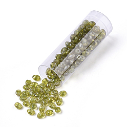 Champagne Yellow 2-Hole Seed Beads, Czech Glass Beads, Transparent Baking Paint Style, Champagne Yellow, 5x3.5~3.8x2.5~2.8mm, Hole: 0.9mm, about 10g/bottle