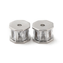 Real Platinum Plated Brass Beads, with Glass, Octagon Column, Real Platinum Plated, 10.5x10.5x7.5mm, Hole: 1.8mm