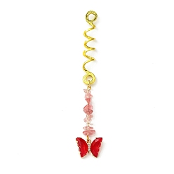 Cherry Quartz Glass Alloy Dreadlocks Beads, Butterfly Glass and Cherry Quartz Glass Chips Braiding Hair Pendants Decoration Clips, for Hair Styling, 113mm, Hole: 4.5mm, Inner Diameter: 8mm