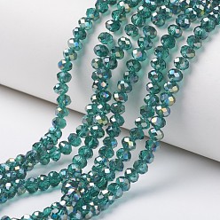 Dark Turquoise Electroplate Transparent Glass Beads Strands, Half Green Plated, Faceted, Rondelle, Dark Turquoise, 8x6mm, Hole: 1mm, about 72pcs/strand, 16.14 inch(41cm)