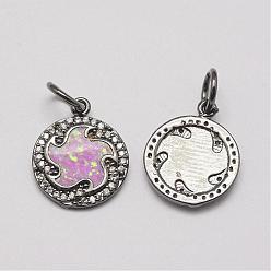 Gunmetal Brass Cubic Zirconia Charms, with Synthetic Opal, Flat Round, Cadmium Free & Lead Free, Gunmetal, 16x13.5x2mm, Hole: 4.5mm