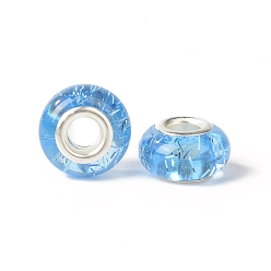 Light Sky Blue Rondelle Resin European Beads, Large Hole Beads, with Glitter Powder and Platinum Tone Brass Double Cores, Light Sky Blue, 13.5x8mm, Hole: 5mm