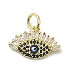 Black Brass Micro Pave Cubic Zirconia Pendants, with Glass and Enamel, with Jump Ring, Real 18K Gold Plated, Eye, Black, 12x17.5x2.5mm, Hole: 3.7mm