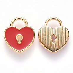 Red Alloy Enamel Charms, Heart Lock, Light Gold, Red, 13x11x1.5mm, Hole: 3x4mm