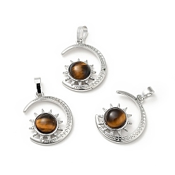 Tiger Eye Natural Tiger Eye Pendants, with Platinum Tone Brass Findings, Lead Free & Cadmium Free, Moon with Sun Charms, 29~30x23x7.5~8mm, Hole: 5x8mm