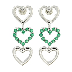 Морско-зеленый Серьги-гвоздики из латуни с микропаве из кубического циркония, сердце, платина, цвета морской волны, 36x12.5 мм