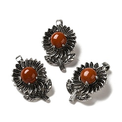 Красный Камень Природные красной яшмы подвески, покрытие стойки, антикварные серебряные тона, латунные подвески с цветами, без кадмия и без свинца, 34x22x10 мм, отверстие : 7.5x3.5 мм
