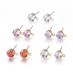 Mixed Color Brass Stud Earring Findings, with 316 Surgical Stainless Steel Pin, Cubic Zirconia and Loop, Long-Lasting Plated, Flat Round, Mixed Color, Mixed Color, 8x6x5.5mm, Hole: 1mm, Pin: 0.7mm