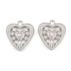 Light Rose Alloy with Rhinestone Pendants, Heart Charms, Rack Plating, Platinum, Light Rose, 24.5x21.5x5mm, Hole: 3.5x2mm