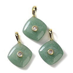 Green Aventurine Natural Green Aventurine Pendants, with Golden Brass Micro Pave Clear Cubic Zirconia Findings, Rhombus Charm, 30~30.5x20.5~21x9~10mm, Hole: 5.5~6x4mm