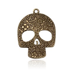 Antique Bronze Day of the Dead Ornaments Tibetan Style Alloy Big Pendants, Sugar Skull Pendant for Necklace Making, For Mexico Holiday Day of the Dead, Nickel Free, Antique Bronze, 66x49x4mm, Hole: 3mm