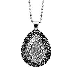 Silver Glass Teardrop with Mandala Flower Pendant Necklace with Ball Chains, Platinum Alloy Jewelry for Women, Silver, 23.62 inch(60cm)