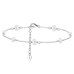 Real Platinum Plated Rhodium Plated 925 Sterling Silver Cable Chain Anklet with Oval Natural Freshwater Pearls for Women, with S925 Stamp, Real Platinum Plated, 8-1/2 inch(21.5cm)