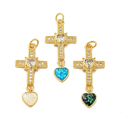 Mixed Color Cross with Heart Brass Pendants Micro Pave Cubic Zirconia with Synthetic Opal, with Jump Rings, Real 18K Gold Plated, Mixed Color, 31.5x15x3mm, Hole: 3.5mm