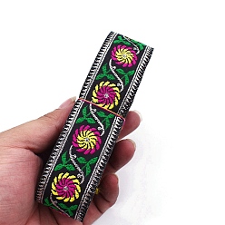 Black 6.5M Ethnic Style Flat Embroidery Polyester Ribbons, Jacquard Ribbon, Garment Accessories, Flower Pattern, Black, 1-1/4 inch(33mm), about 7.11 Yards(6.5m)/Bundle