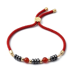 Carnelian Adjustable Slider Bracelets, Nylon Cord Bracelets, with Natural Carnelian(Dyed & Heated) Beads, Non-Magnetic Synthetic Hematite Beads and Brass Beads, Golden, Inner Diameter: 3/4 inch~3-1/8 inch(2~8cm)