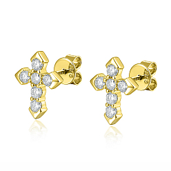 Golden 925 Sterling Silver Micro Pave Cubic Zirconia Stud Earrings, Cross, with 925 Stamp, Golden, 12x10mm