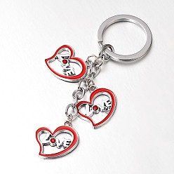Red Platinum Zinc Alloy Enamel Keychain, with Rhinestones, Heart with Word Love, For Valentine's Day, Red, 110x25mm